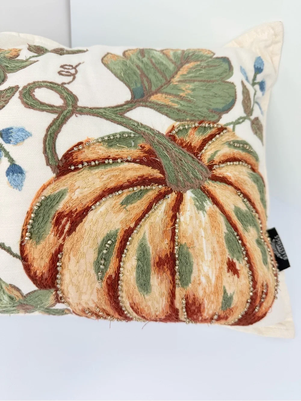 Autumn Blessings Orange Green Pumpkin Vine Gold Beaded Fall Accent Decor Pillow